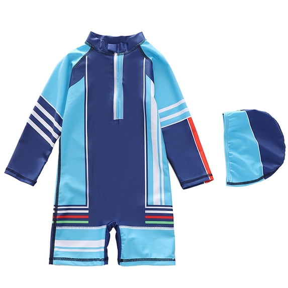 JAJAHO Boys Long Sleeve Rash Guard Swimsuit One Piece Zipper Bathing Suit With Matching Swim Cap 2PCS Set For Beach Pool Trendy Swimwear