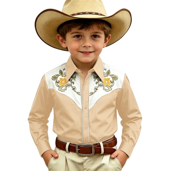 JAJAHO Boys Long Sleeve Shirts Western Cowboy Floral Embroidery Button Down Collared Shirts For Kids 4-13Y Comfy Tops