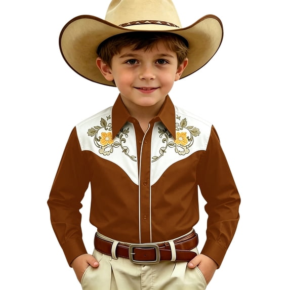 JAJAHO Boys Long Sleeve Shirts Western Cowboy Floral Embroidery Button Down Collared Shirts For Kids 4-13Y Soft Tops