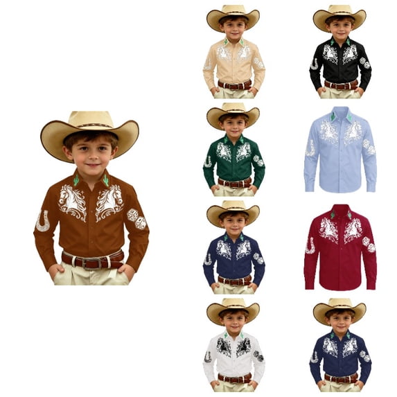 JAJAHO Boys Long Sleeve Shirts Western Cowboy Horse Pattern Button Down Collared Shirts For Kids 4-13Y Soft Tops