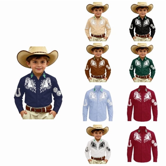 JAJAHO Boys Long Sleeve Shirts Western Cowboy Horse Pattern Button Down Collared Shirts For Kids 4-13Y Versatile Tops