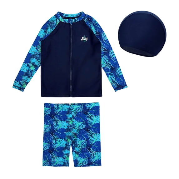 JAJAHO Boys Long Sleeve Swimsuits Rash Guard 3 Piece Bathing Suit Zip Front Top Knee Length Swim Trunks Swim Caps Water Sports Cozy Swimwear