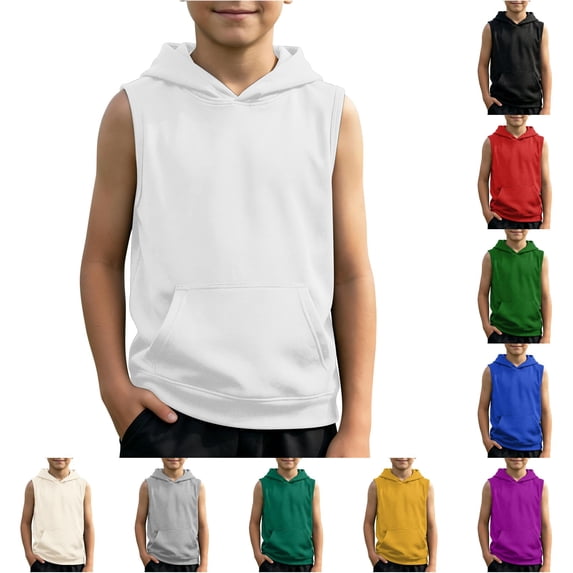 JAJAHO Boys Muscle Tank Tops Athletic Workout Sleeveless Hoodies With Pocket For Kids 2-12Y