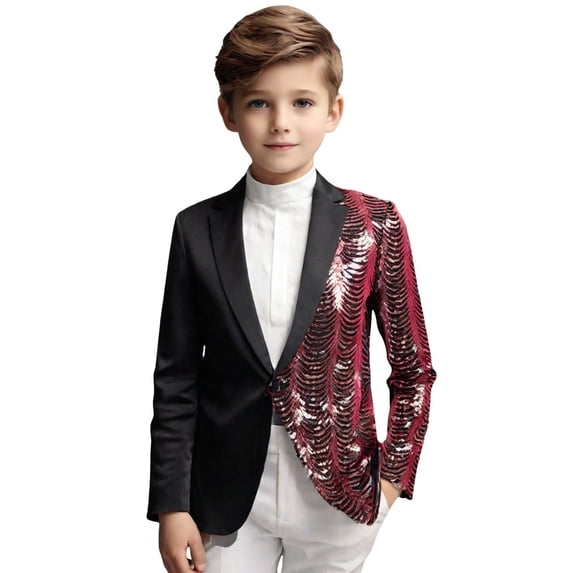 JAJAHO Boys Sequin Prom Party Blazer Sparkly Sequin Slim Fit Long Sleeve Lapel Button Front Casual Coat Carnival Performance Wear