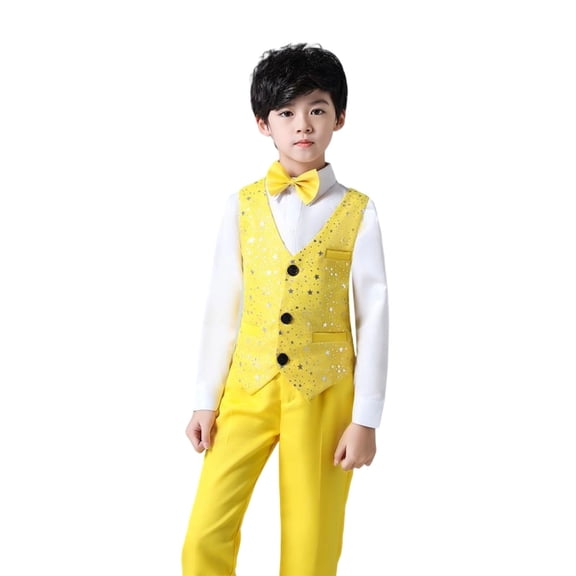 JAJAHO Boys Suit Shiny Dress Outfit Formal Gentleman Clothes Set Dress Collared Shirt Sequins Waistcoat Suit Pants Bowtie 4PCS Set For 3-16 Years