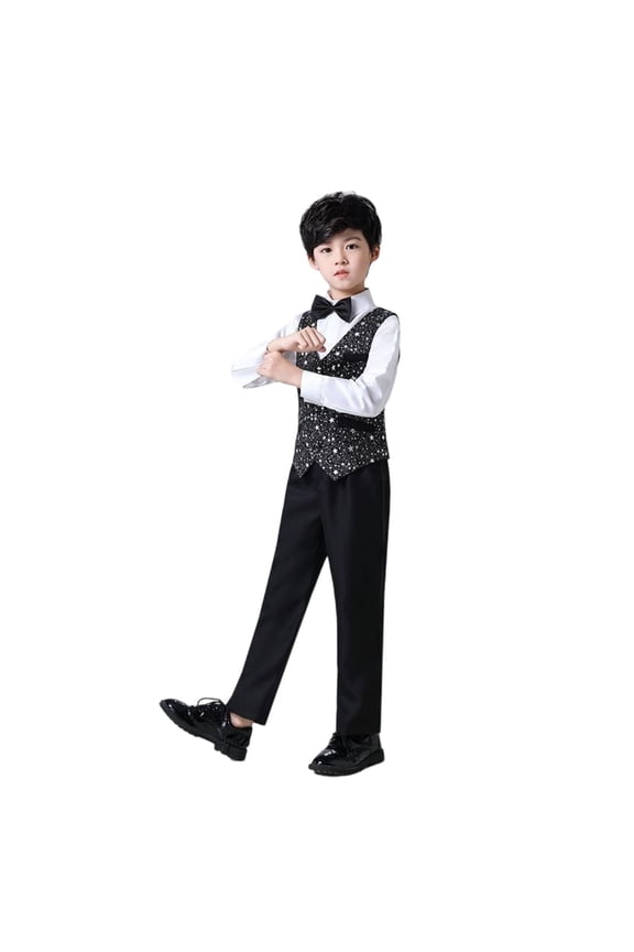 Boys Suit Shiny Dress Outfit Formal Gentleman Clothes Set Dress Collared Shirt Sequins Waistcoat Suit Pants Bowtie 4PCS Set For 3-16 Years