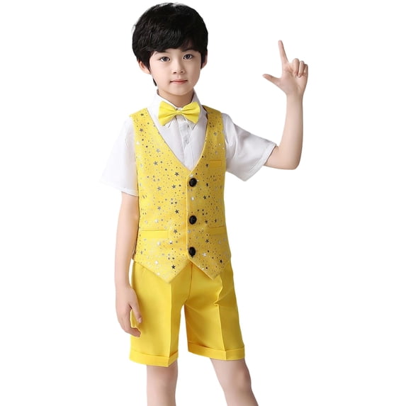 JAJAHO Boys Suit Sparkly Formal Dress Outfit Short Sleeve Collared Shirt Sequins Waistcoat Dress Shorts Bowtie 4PCS Set For 3-16 Years Gentleman Clothes Set