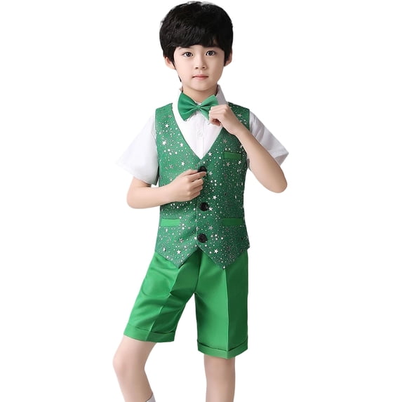 JAJAHO Boys Suit Sparkly Formal Dress Outfit Short Sleeve Collared Shirt Sequins Waistcoat Dress Shorts Bowtie 4PCS Set For 3-16 Years Gentleman Clothes Set