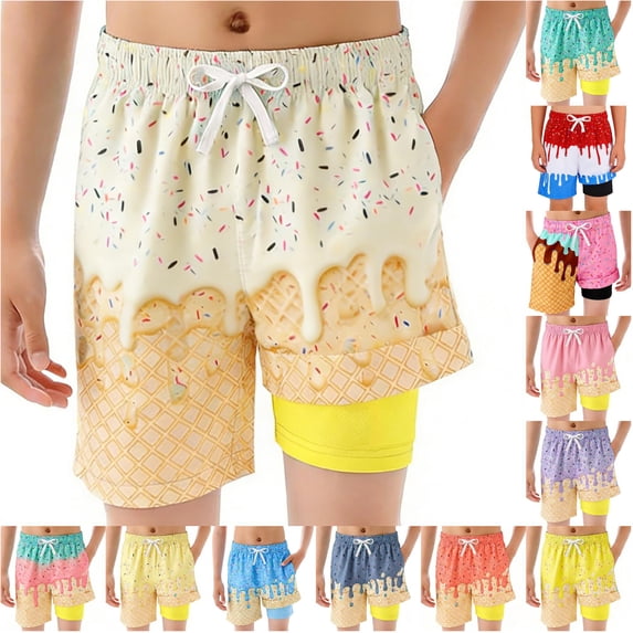 JAJAHO Boys Swim Trunks Boy Bathing Suit Quick Dry Swim Shorts With Liner Ice Cream Printed Drawstring Swimwear Bottoms With Pockets 2-14Y