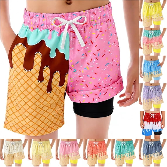 JAJAHO Boys Swim Trunks Boy Bathing Suit Quick Dry Swim Shorts With Liner Ice Cream Printed Drawstring Swimwear Bottoms With Pockets 2-14Y