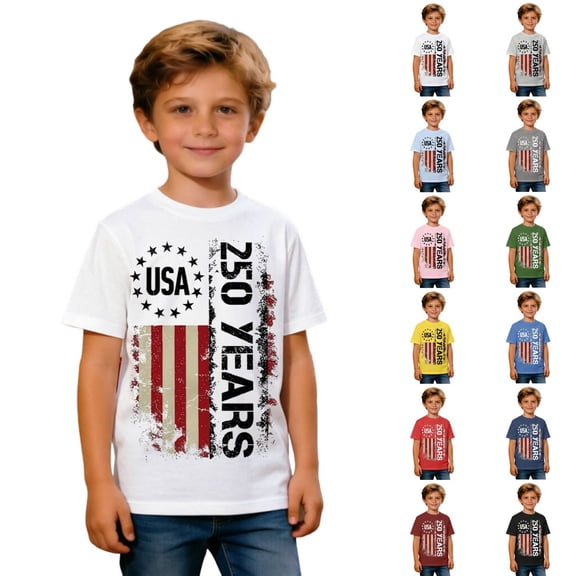 JAJAHO Boys United States 250 Years Graphic Tee For Kids US National Flag Casual Shirts Celebrate America's 250th Anniversary Short Sleeve T Shirt 2-13Y