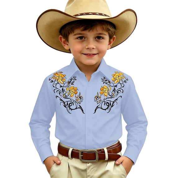 JAJAHO Boys Western Cowboy Shirts Long Sleeve Floral Retro Style Button Down Collared Shirts For Kids 4-13Y Stylish Tops