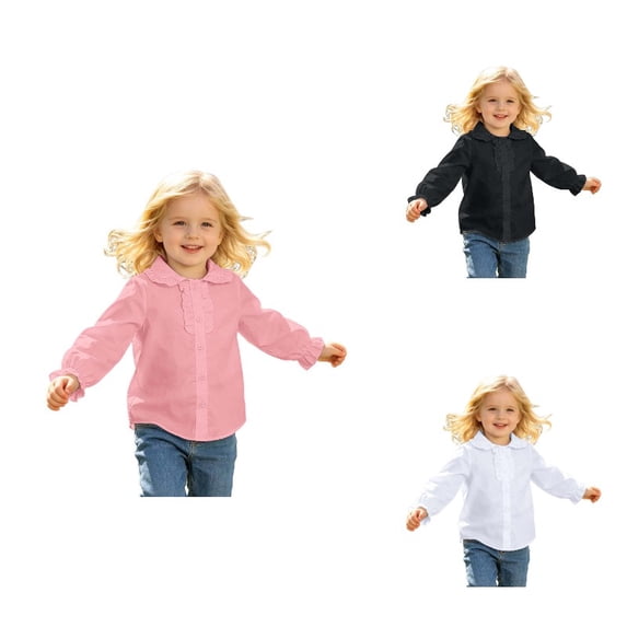 JAJAHO Button Up Shirts For Girls Kids Toddler Clothes Long Sleeve Peter Pan Collar Solid Color Ruffle Shirts 2-13Y Back To School Comfy Tops