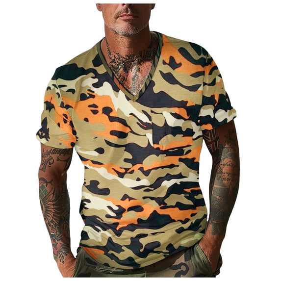 JAJAHO Camo Shirts For Men Camouflage Short Sleeve T Shirt With Pocket Summer Casual V Neck Base Layer Tee Shirts Casual Daily Wear Trendy Tops