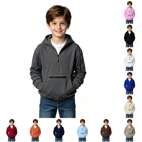 JAJAHO Cargo Hoodies For Kids Boys Quarter Zip Long Sleeve Hooded Sweatshirts With Zipper Pockets 5-16Y