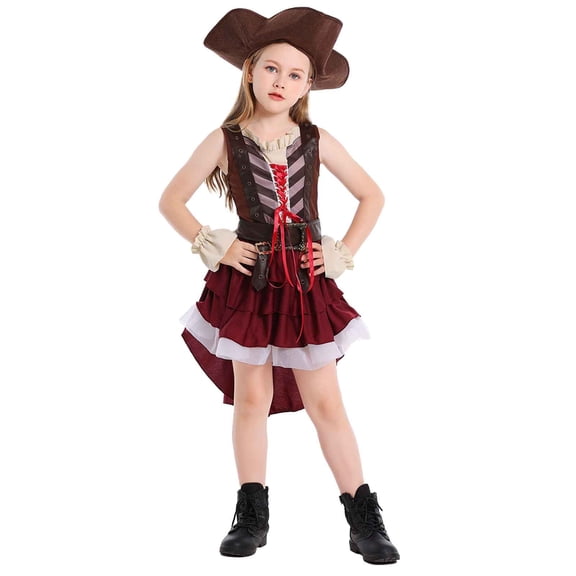 JAJAHO Carnival Girls Pirate Dress Up Outfit Sleeveless Top Belted Layered High-Low Skirts With Hat Arm Rings 4 PCS Set For Kids 4-16 Years