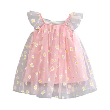 JAJAHO Children Girls Mesh Dresses Sleeveless Ruffle Flower Print Bow Flowy Mini Dress Casual Sweet Dresses