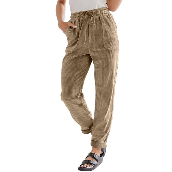 JAJAHO Corduroy Pants For Women High Waist Elastic Drawstring Straight Leg Loose Pants With Pockets Comfy Trousers