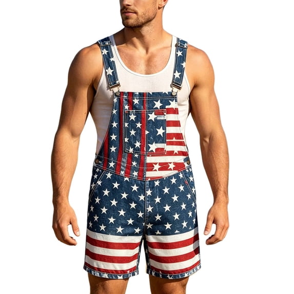 JAJAHO Coveralls For Men Bib Overalls Festival Shorts American Flag Printed Adjustable Straps Rompers 250 Years Anniversary Independence Day Outfit