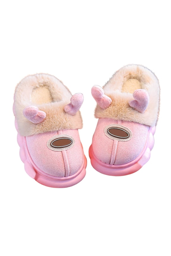 Cute Cartoon Kids Slippers For Winter Warm Children's Indoor Footwear Thick Fuzzy Lining With Deer Antlers Design Cozy Slippers