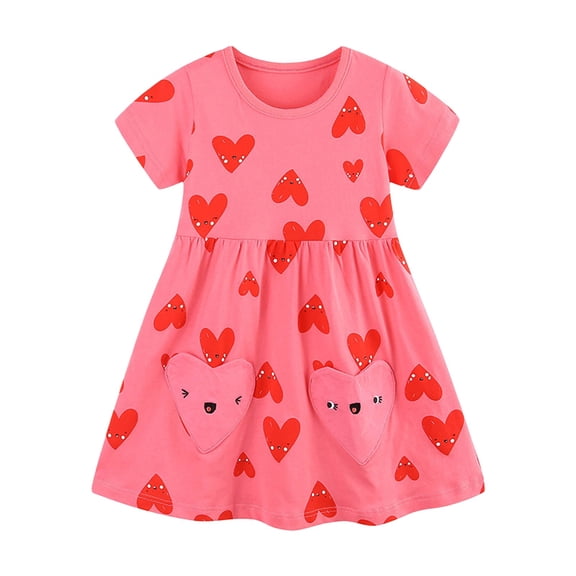 JAJAHO Cute Clothes For Girls Kids Dress Short Sleeve Sweet Heart Graphic Crew Neck Mini Dress Valentine's Day Lovely Dresses