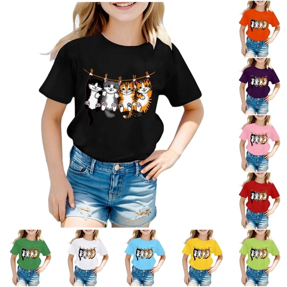 JAJAHO Cute Graphic Tees For Girls T Shirts Cat Printed Short Sleeve Casual Summer Loose Fit Round Neck Tshirt 2-14Y