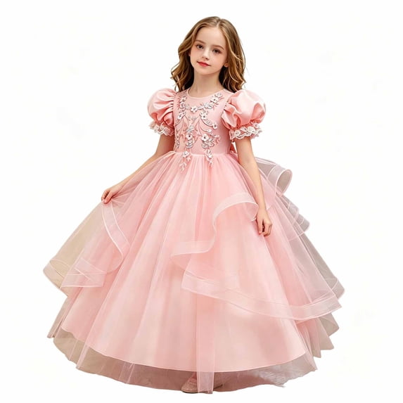 JAJAHO Elegant Girls Evening Dress Satin Lace Trim Puff Short Sleeve Beaded Appliques Maxi Ball Gown Flower Girl Dress For Wedding Party Prom 4-14Y