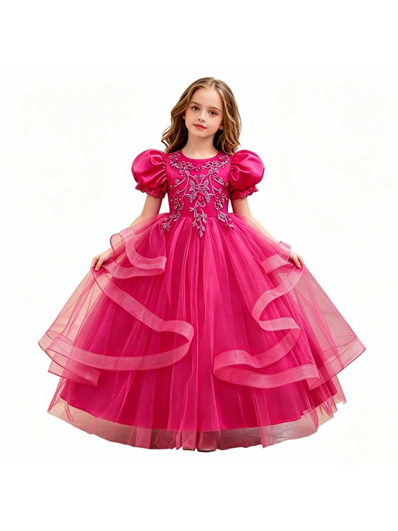 Elegant Girls Evening Dress Satin Lace Trim Puff Short Sleeve Beaded Appliques Maxi Ball Gown Flower Girl Dress For Wedding Party Prom 4-14Y