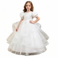 thumbnail image 1 of JAJAHO Elegant Girls Evening Dress Satin Lace Trim Puff Short Sleeve Beaded Appliques Maxi Ball Gown Flower Girl Dress For Wedding Party Prom 4-14Y, 1 of 8