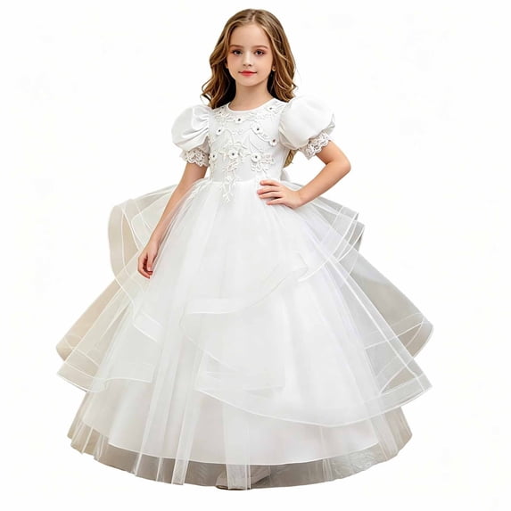 JAJAHO Elegant Girls Evening Dress Satin Lace Trim Puff Short Sleeve Beaded Appliques Maxi Ball Gown Flower Girl Dress For Wedding Party Prom 4-14Y