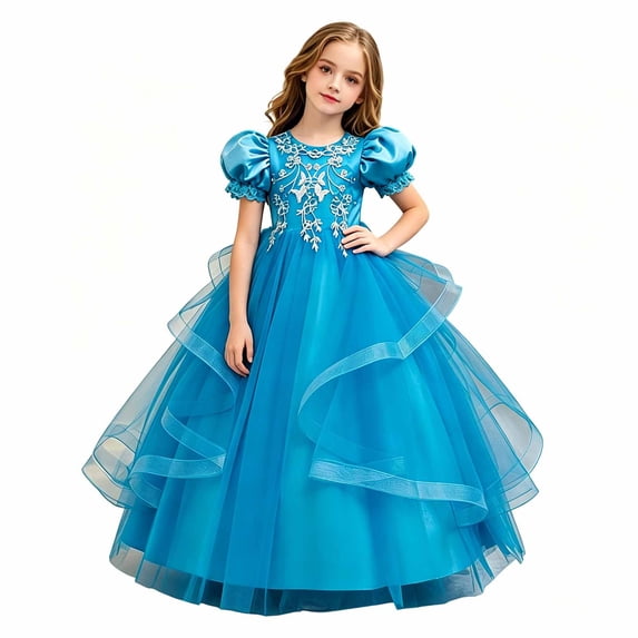 JAJAHO Elegant Girls Evening Dress Satin Lace Trim Puff Short Sleeve Beaded Appliques Maxi Ball Gown Flower Girl Dress For Wedding Party Prom 4-14Y