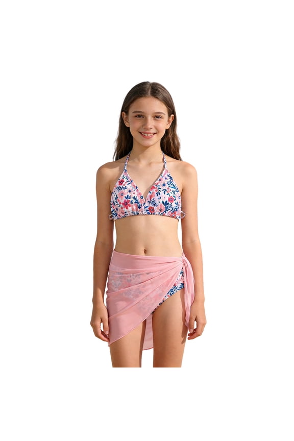 Floral Bikini Set For Girls Teens Swimsuits With Adjustable Ties Halter Triangle Padded Bathing Suit With Wrap Skirts 3 Piece Beachwear Comfortable Swimwear