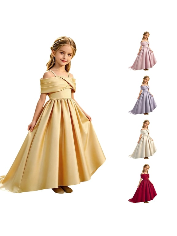 Flower Girl Dress For Wedding Formal Party Wear Satin Spaghetti Strap Pleated High-Low Maxi Ball Gown 8-13Y