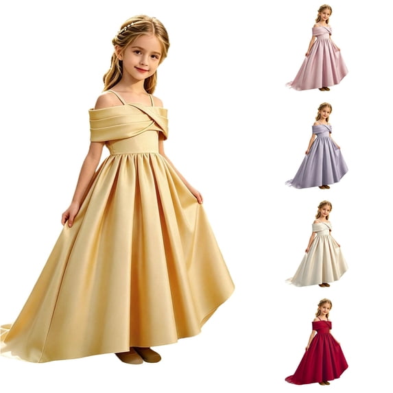 JAJAHO Flower Girl Dress For Wedding Formal Party Wear Satin Spaghetti Strap Pleated High-Low Maxi Ball Gown 8-13Y
