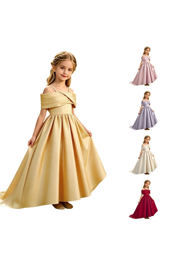 Flower Girl Dress For Wedding Formal Party Wear Satin Spaghetti Strap Pleated High-Low Maxi Ball Gown 8-13Y