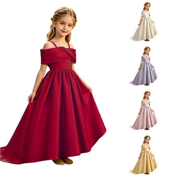 JAJAHO Flower Girl Dress For Wedding Formal Party Wear Satin Spaghetti Strap Pleated High-Low Maxi Ball Gown 8-13Y