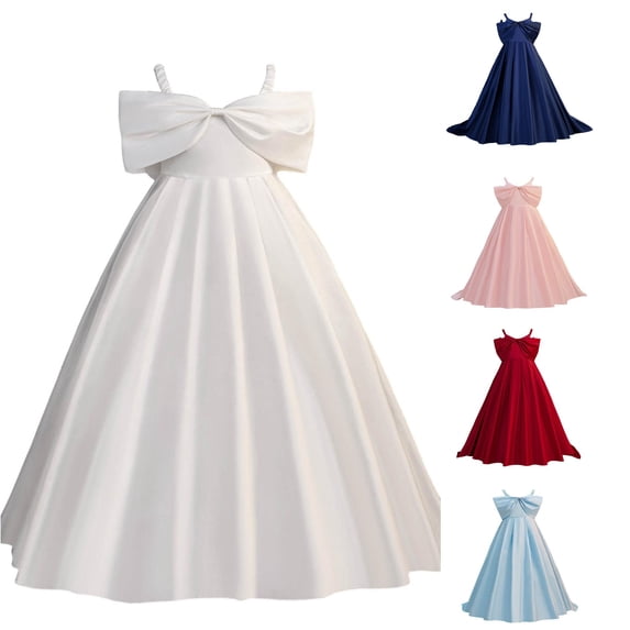 JAJAHO Flower Girl Dress Girls Satin Dresses Spaghetti Strap Bow High-Low Maxi Ball Gown Wedding Party Prom Wear For Kids 8-13Y
