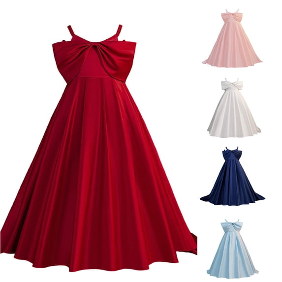 JAJAHO Flower Girl Dress Girls Satin Dresses Spaghetti Strap Bow High-Low Maxi Ball Gown Wedding Party Prom Wear For Kids 8-13Y