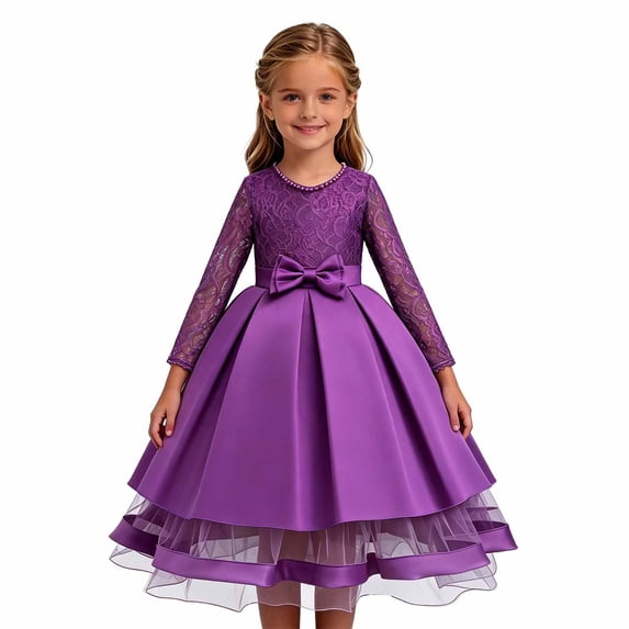 JAJAHO Flower Girl Dress Kids Girls Princess Birthday Dress Lace Long Sleeve Pleated Midi Party Wedding Formal Ball Gown 4-14Y