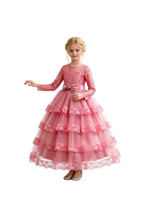 Flower Girl Dress Lace Long Sleeve Dresses Ruffle Mesh Layered Maxi Ball Gown For Wedding Party Holiday Birthday 4-14Y