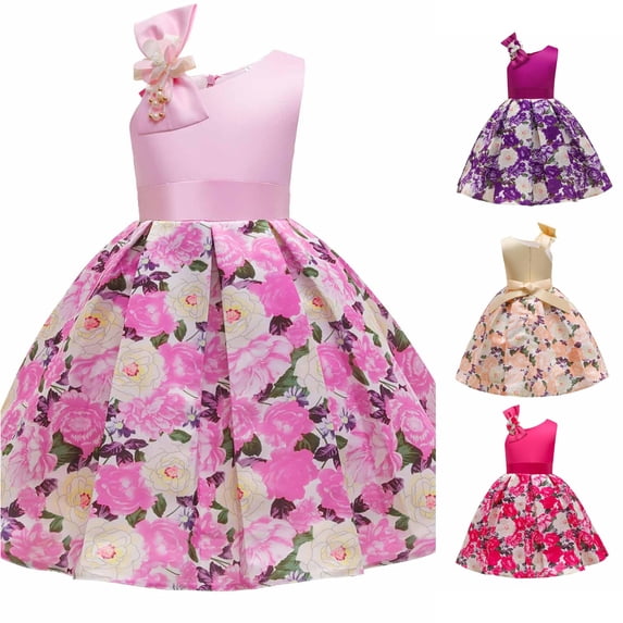 JAJAHO Flower Girl Dress Sleeveless Asymmetrical Shoulder Design Floral Print A-Line Ball Gown Mini Dress Prom Party Wedding Wear For Kids 5-10Y Stylish Dresses