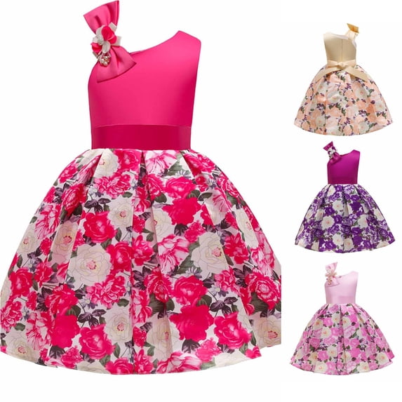 JAJAHO Flower Girl Dress Sleeveless Asymmetrical Shoulder Design Floral Print A-Line Ball Gown Mini Dress Prom Party Wedding Wear For Kids 5-10Y Trendy Dresses