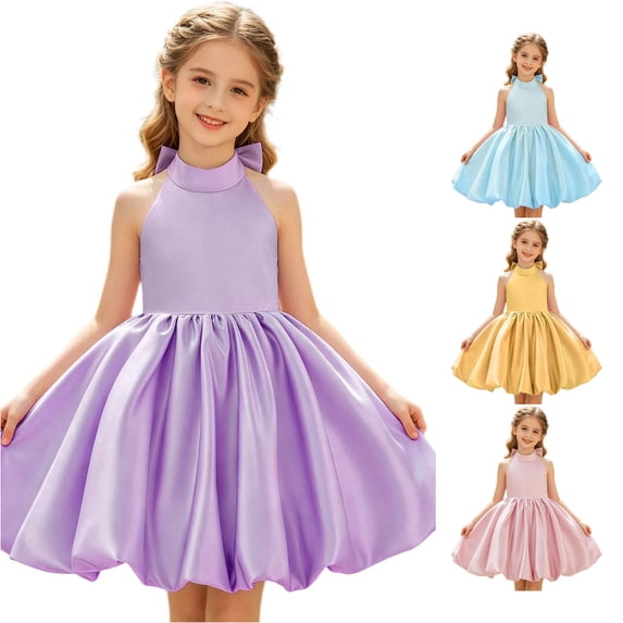JAJAHO Flower Girl Satin Dress Bow Backless Design Sleeveless High Neck Puffy Ball Gown For Wedding Birthday Party 4-9Y