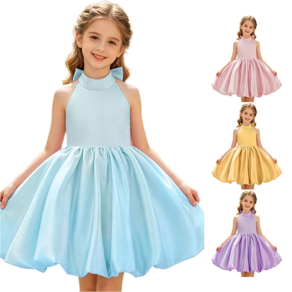 JAJAHO Flower Girl Satin Dress Bow Backless Design Sleeveless High Neck Puffy Ball Gown For Wedding Birthday Party 4-9Y