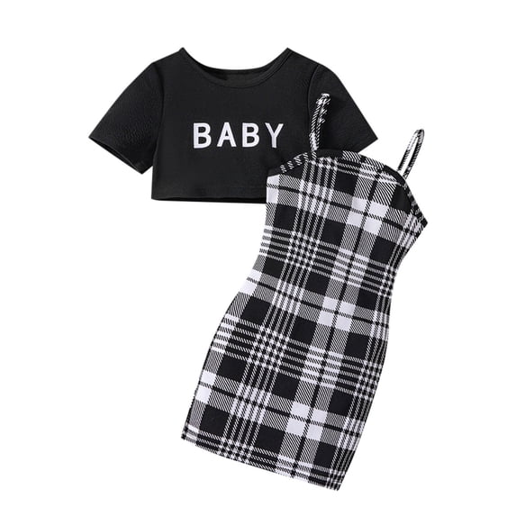 JAJAHO Girl's 2 Piece Summer Outfits Set Short Sleeve Crop Tops And Spaghetti Strap Plaid Bodycon Dress Set Holiday Vacation Girl Fashion Clothes For Kids 2-7Y Trendy Outfit