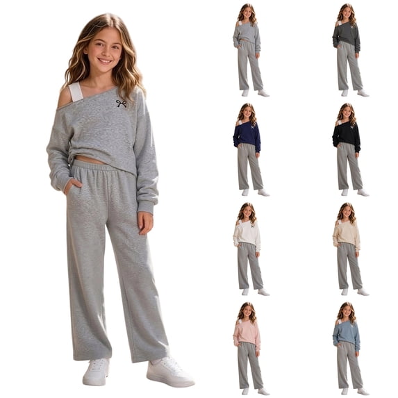 JAJAHO Girls 2 Piece Outfits Off The Shoulder Sweatshirt And Wide Leg Sweatpants Set For Kids Teens 7-16Y
