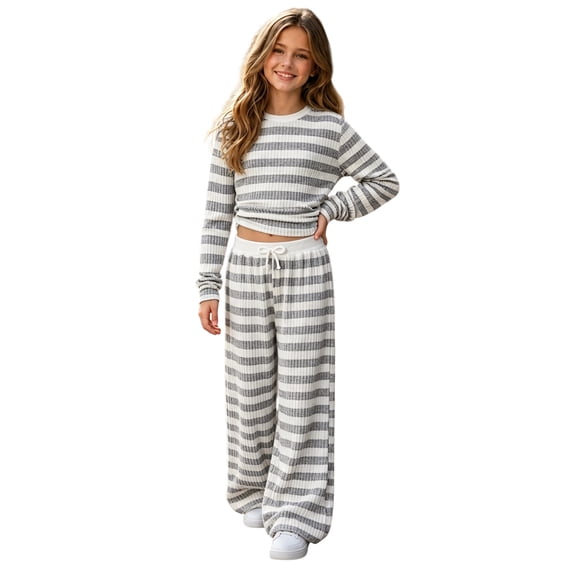 JAJAHO Girls 2 Piece Outfits Striped Long Sleeved Tops And Pants Set For Kids 8-13Y