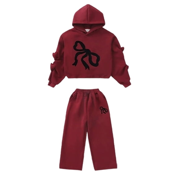 JAJAHO Girls 2 Piece Outfits Sweatsuits Fuzzy Lining Bow Print Sweet Hoodie Wide Leg Pants Kids Clothing Set Comfortable Track Suit