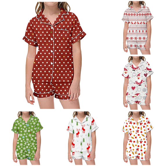 JAJAHO Girls 2 Piece Pajamas Set Christmas Satin Sleepwear Short Sleeve Button Down Kids Nightwear 2-13Y