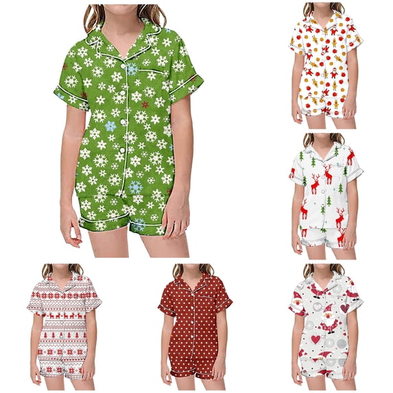 JAJAHO Girls 2 Piece Pajamas Set Christmas Satin Sleepwear Short Sleeve Button Down Kids Nightwear 2-13Y